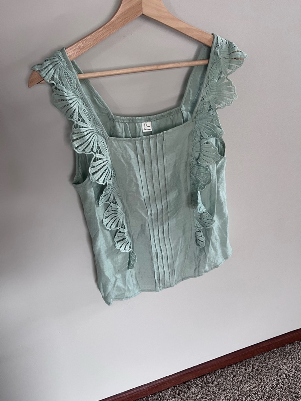 Sage Green Crochet Lace Pintuck Square Neck Tank Top‎ Blouse Medium
